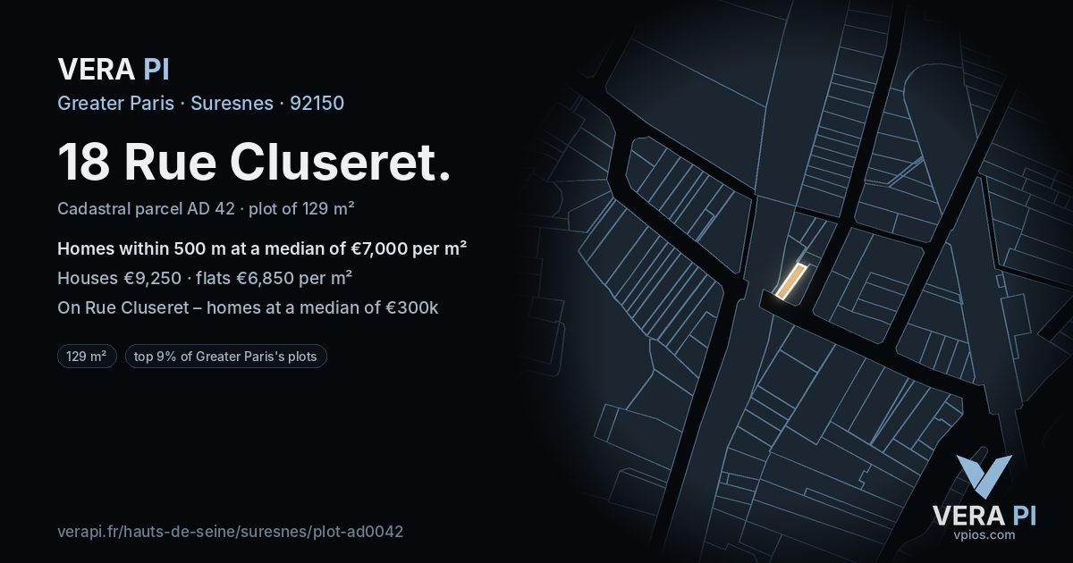 18 Rue Cluseret, Suresnes at night – the plot lit, the parcels around coloured by the prices near them