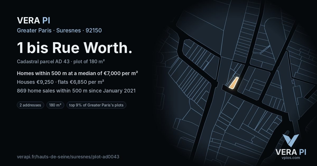 1 bis Rue Worth, Suresnes at night – the plot lit, the parcels around coloured by the prices near them