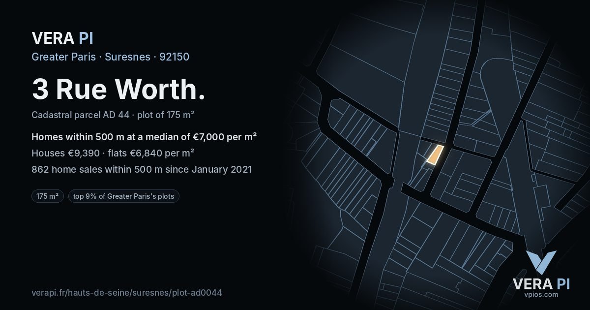 3 Rue Worth, Suresnes at night – the plot lit, the parcels around coloured by the prices near them