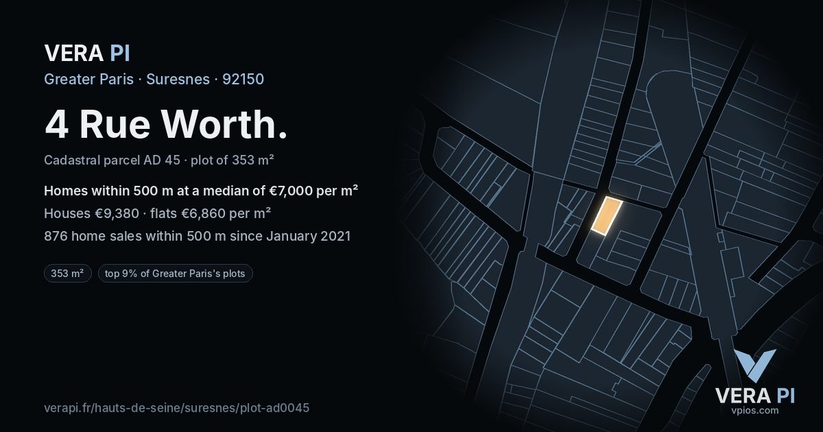 4 Rue Worth, Suresnes at night – the plot lit, the parcels around coloured by the prices near them