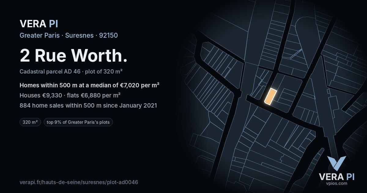 2 Rue Worth, Suresnes at night – the plot lit, the parcels around coloured by the prices near them