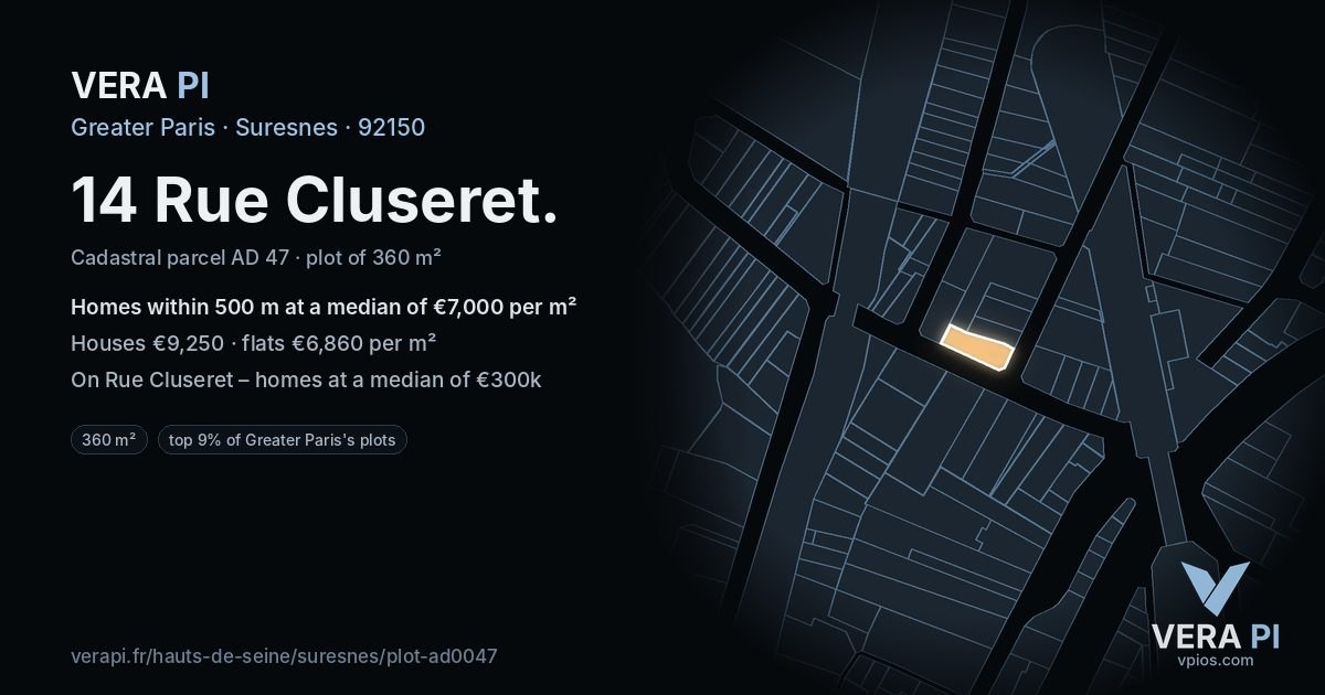 14 Rue Cluseret, Suresnes at night – the plot lit, the parcels around coloured by the prices near them