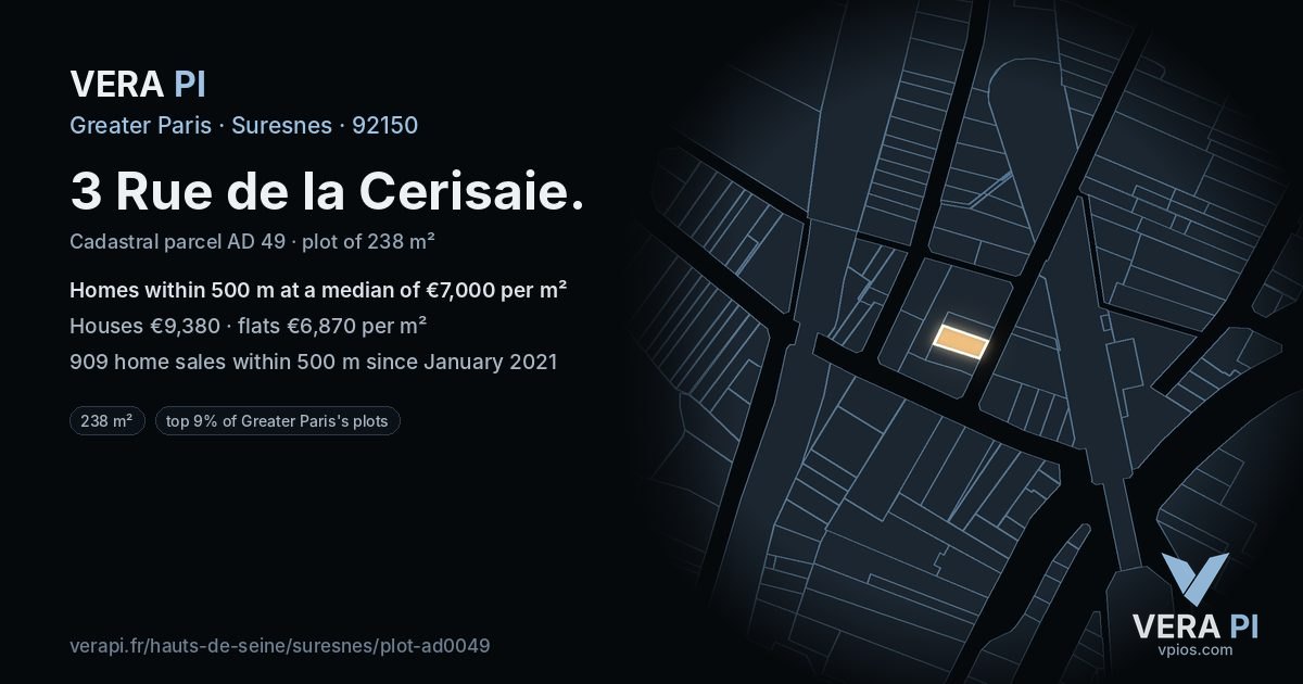 3 Rue de la Cerisaie, Suresnes at night – the plot lit, the parcels around coloured by the prices near them