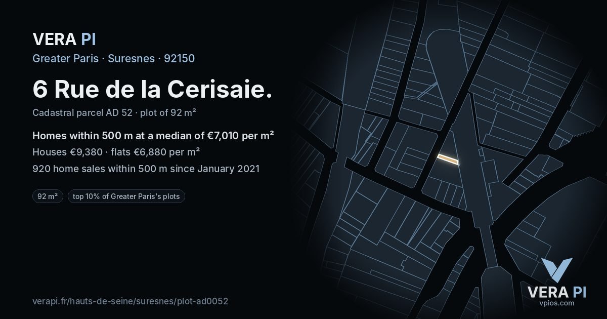 6 Rue de la Cerisaie, Suresnes at night – the plot lit, the parcels around coloured by the prices near them