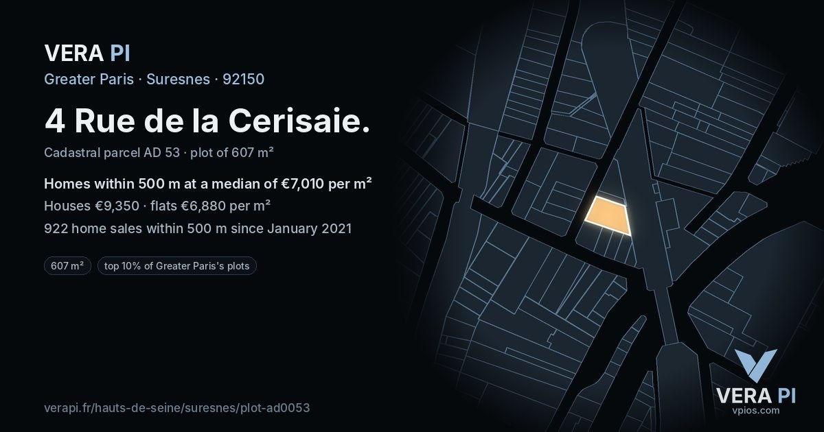 4 Rue de la Cerisaie, Suresnes at night – the plot lit, the parcels around coloured by the prices near them