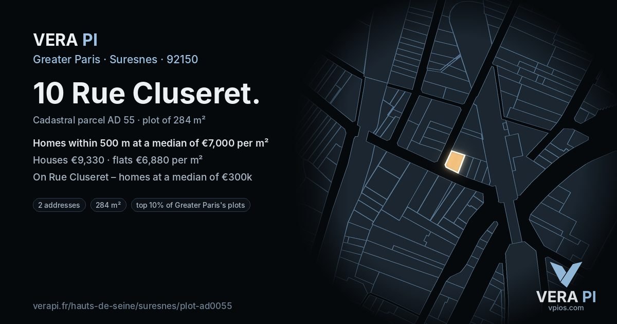 10 Rue Cluseret, Suresnes at night – the plot lit, the parcels around coloured by the prices near them