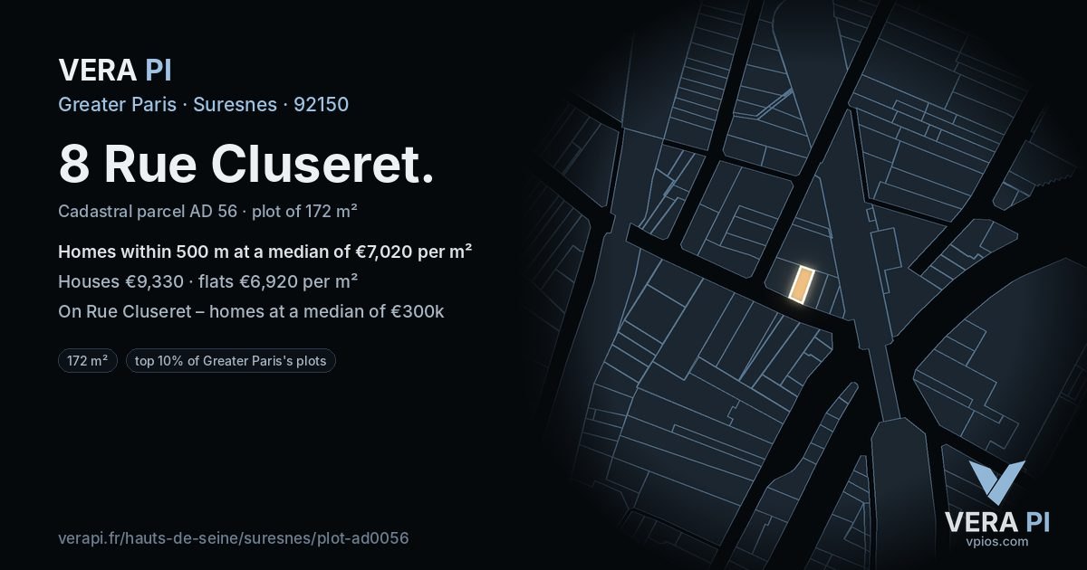 8 Rue Cluseret, Suresnes at night – the plot lit, the parcels around coloured by the prices near them