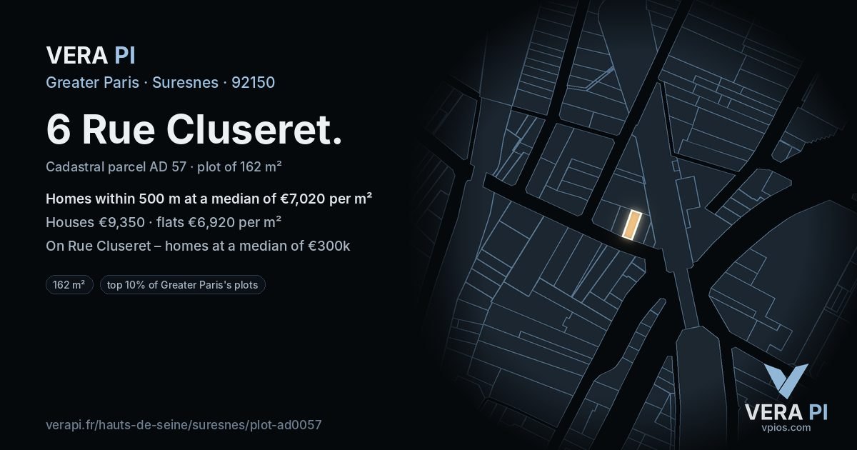 6 Rue Cluseret, Suresnes at night – the plot lit, the parcels around coloured by the prices near them