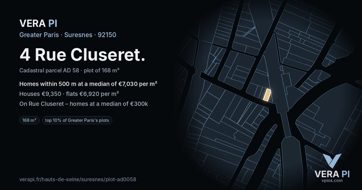 4 Rue Cluseret, Suresnes at night – the plot lit, the parcels around coloured by the prices near them