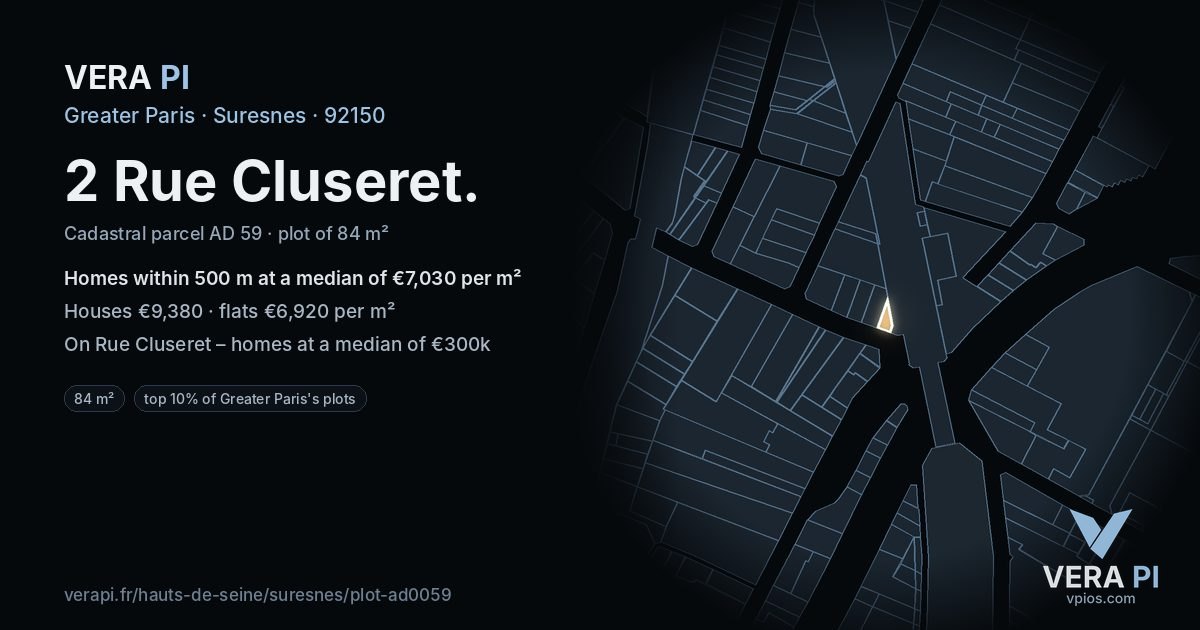 2 Rue Cluseret, Suresnes at night – the plot lit, the parcels around coloured by the prices near them