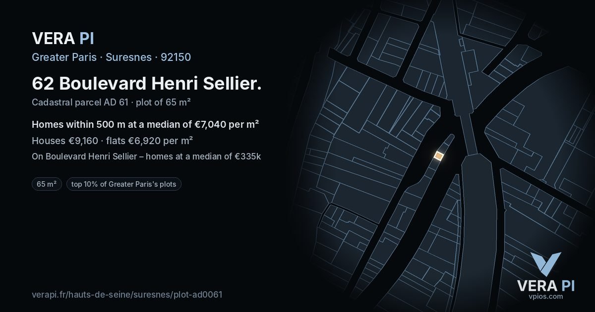 62 Boulevard Henri Sellier, Suresnes at night – the plot lit, the parcels around coloured by the prices near them