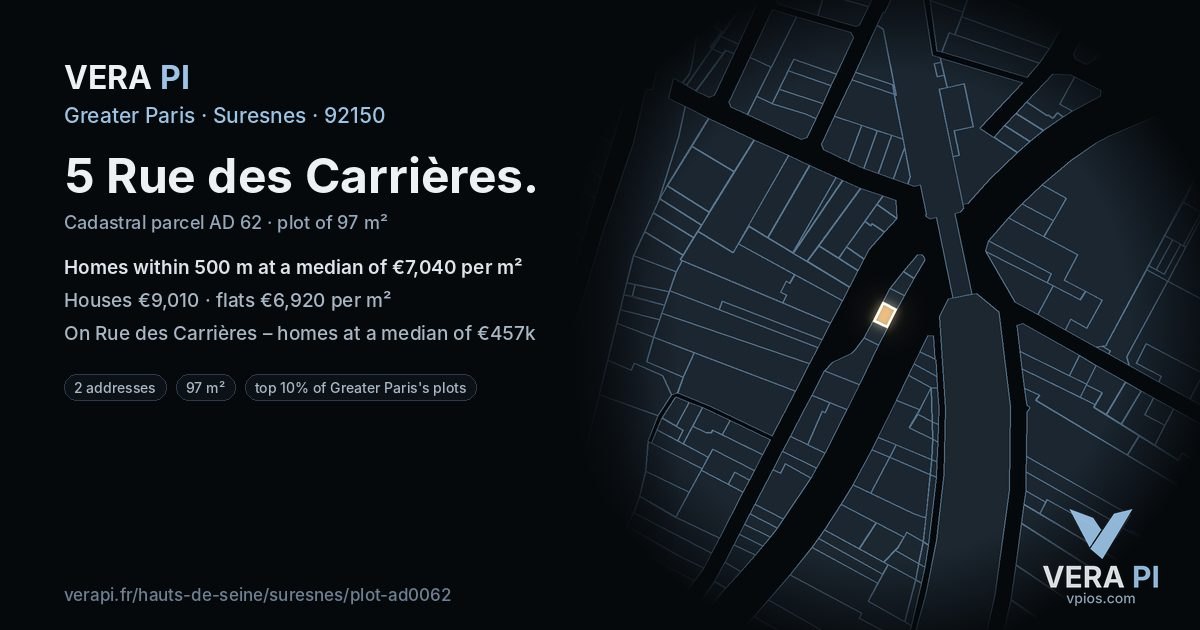 5 Rue des Carrières, Suresnes at night – the plot lit, the parcels around coloured by the prices near them