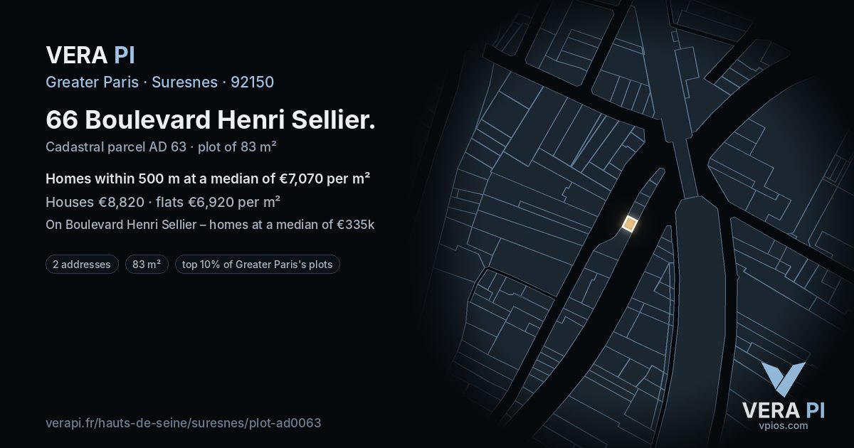 66 Boulevard Henri Sellier, Suresnes at night – the plot lit, the parcels around coloured by the prices near them