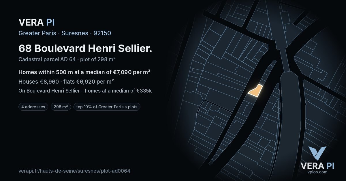 68 Boulevard Henri Sellier, Suresnes at night – the plot lit, the parcels around coloured by the prices near them