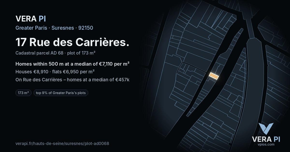 17 Rue des Carrières, Suresnes at night – the plot lit, the parcels around coloured by the prices near them