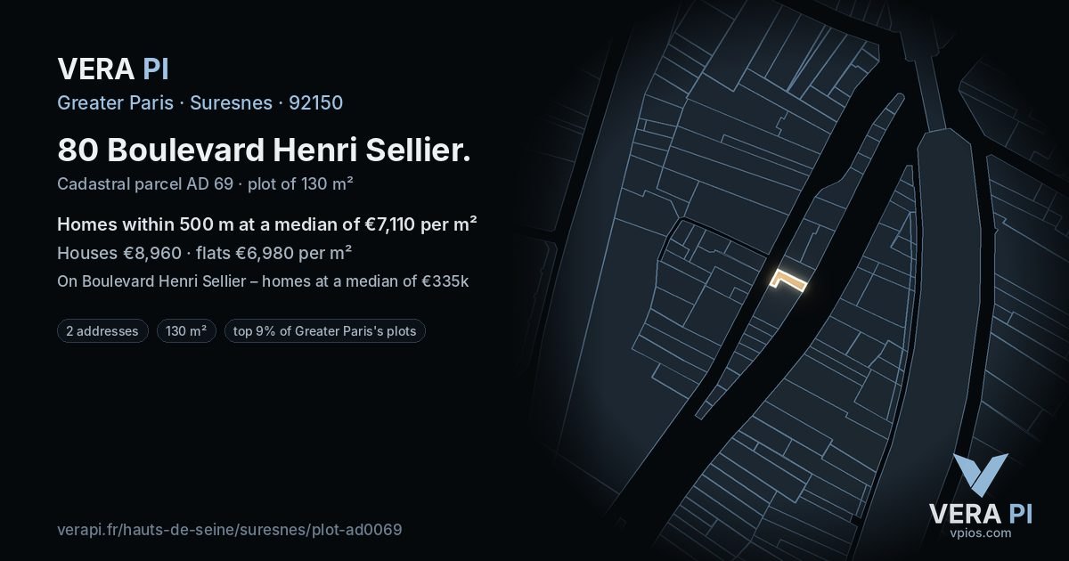 80 Boulevard Henri Sellier, Suresnes at night – the plot lit, the parcels around coloured by the prices near them