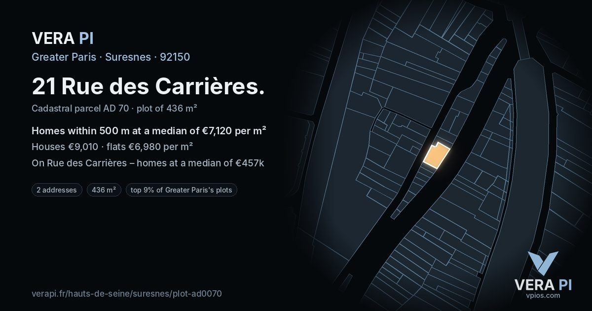 21 Rue des Carrières, Suresnes at night – the plot lit, the parcels around coloured by the prices near them