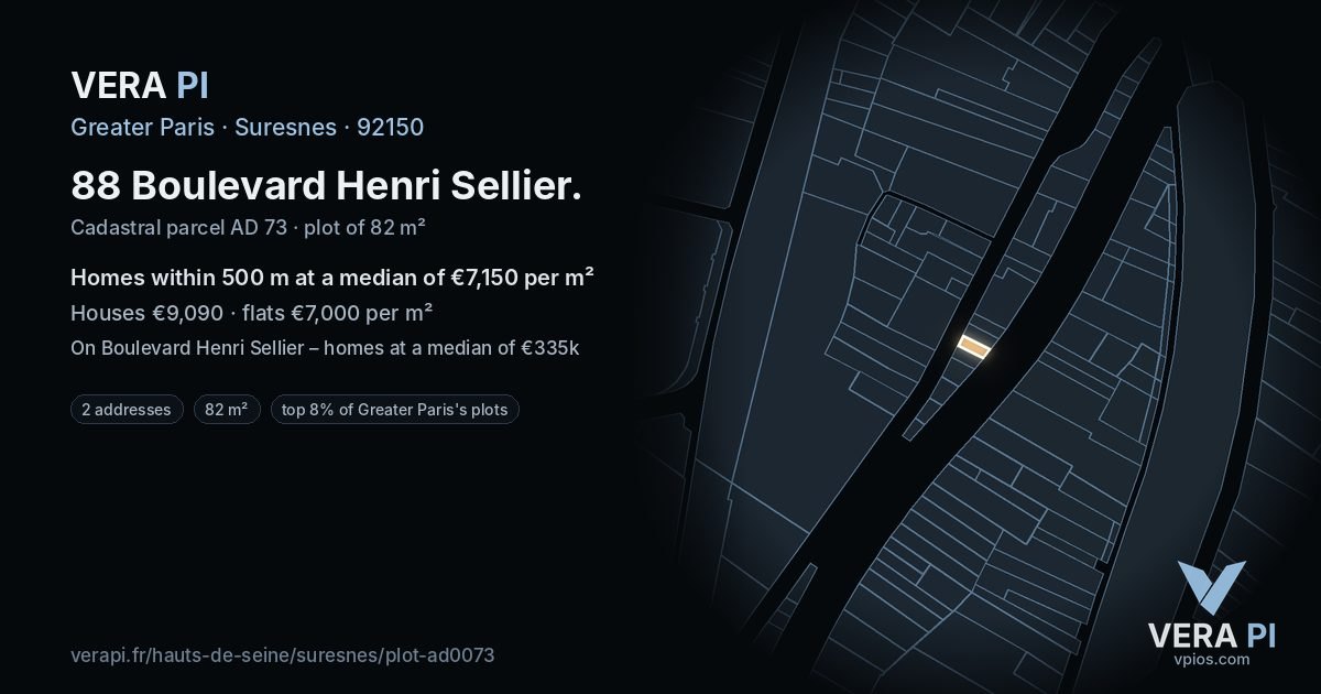 88 Boulevard Henri Sellier, Suresnes at night – the plot lit, the parcels around coloured by the prices near them
