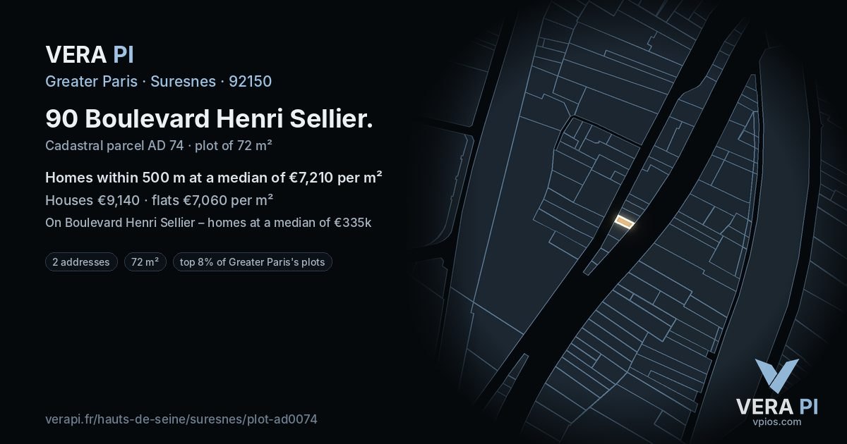 90 Boulevard Henri Sellier, Suresnes at night – the plot lit, the parcels around coloured by the prices near them