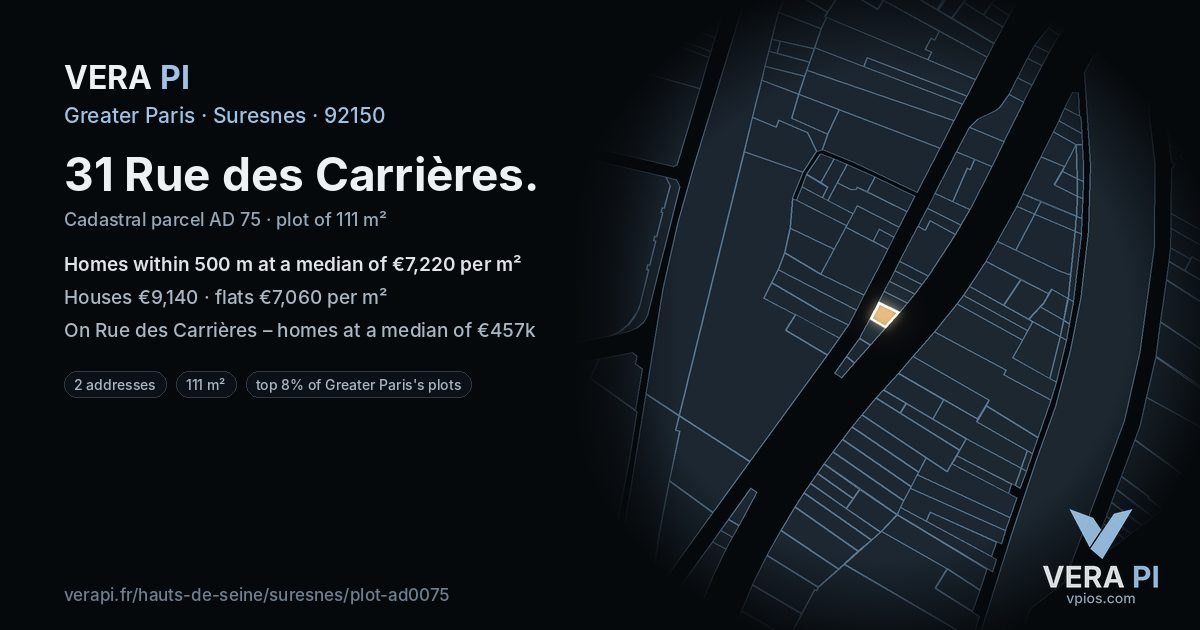 31 Rue des Carrières, Suresnes at night – the plot lit, the parcels around coloured by the prices near them
