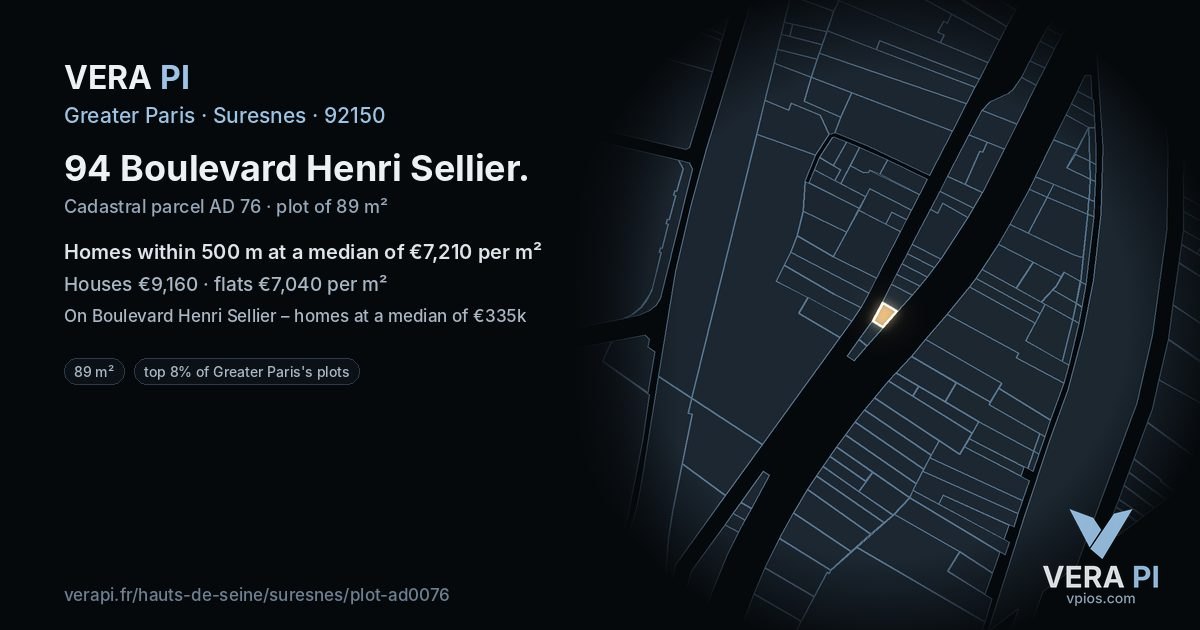 94 Boulevard Henri Sellier, Suresnes at night – the plot lit, the parcels around coloured by the prices near them