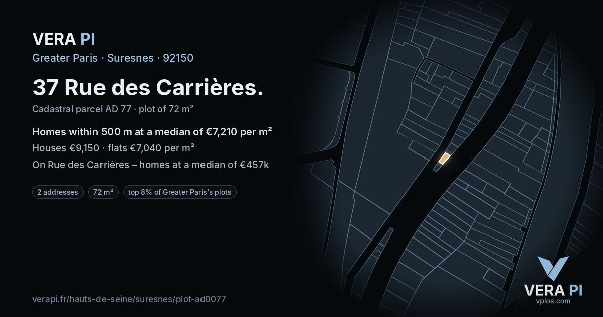 37 Rue des Carrières, Suresnes at night – the plot lit, the parcels around coloured by the prices near them