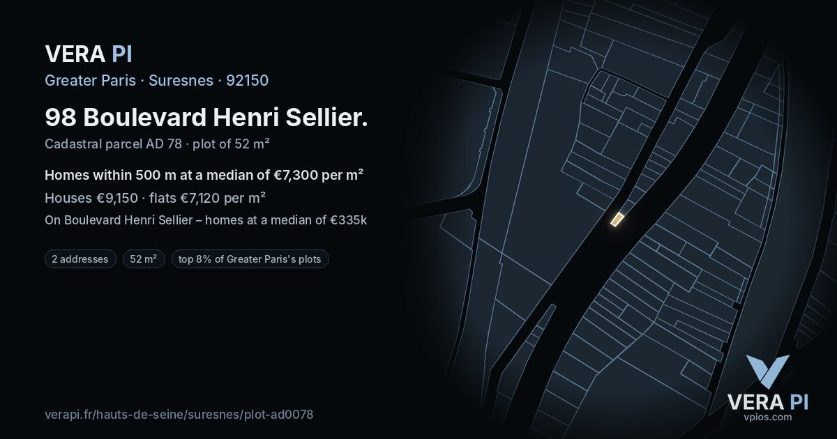 98 Boulevard Henri Sellier, Suresnes at night – the plot lit, the parcels around coloured by the prices near them