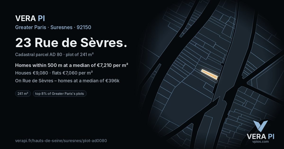 23 Rue de Sèvres, Suresnes at night – the plot lit, the parcels around coloured by the prices near them
