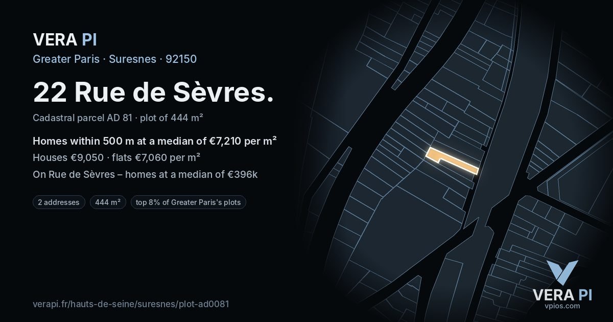 22 Rue de Sèvres, Suresnes at night – the plot lit, the parcels around coloured by the prices near them