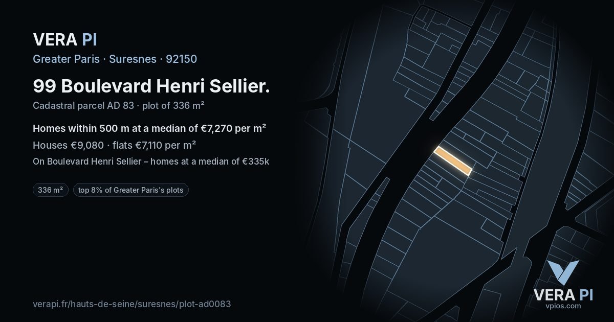 99 Boulevard Henri Sellier, Suresnes at night – the plot lit, the parcels around coloured by the prices near them