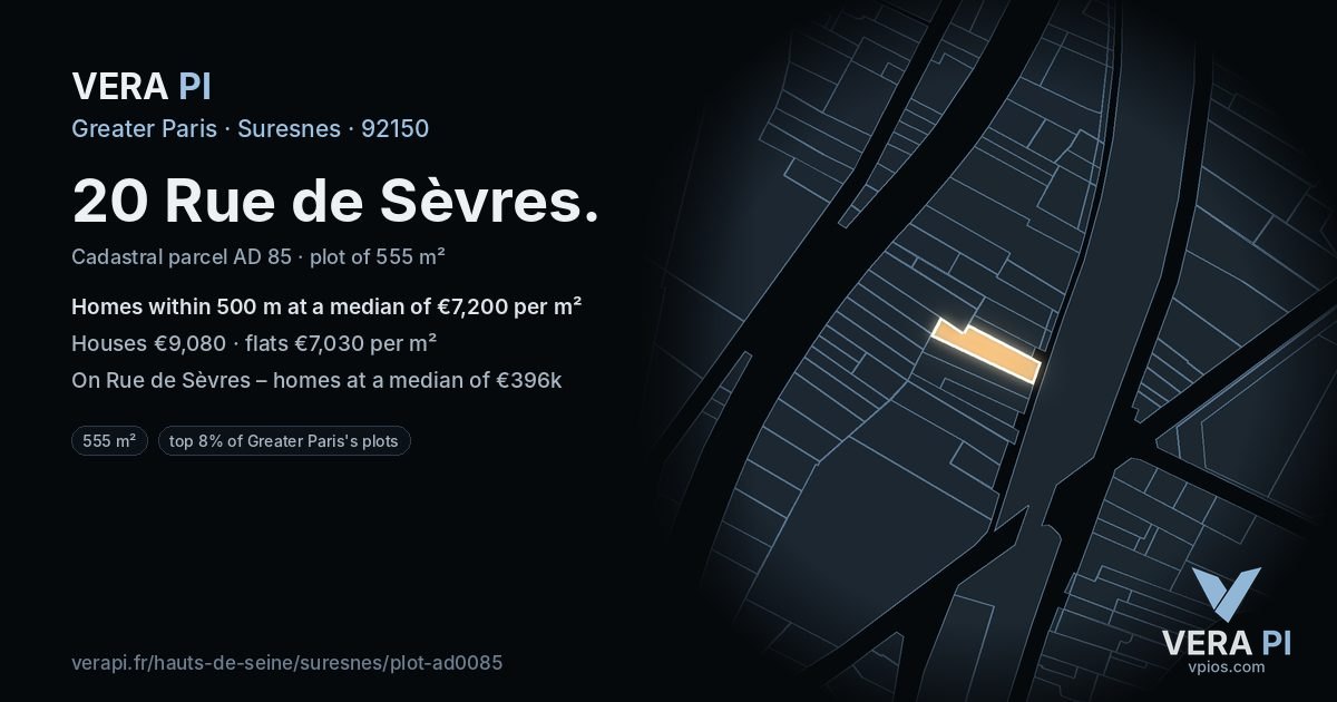 20 Rue de Sèvres, Suresnes at night – the plot lit, the parcels around coloured by the prices near them