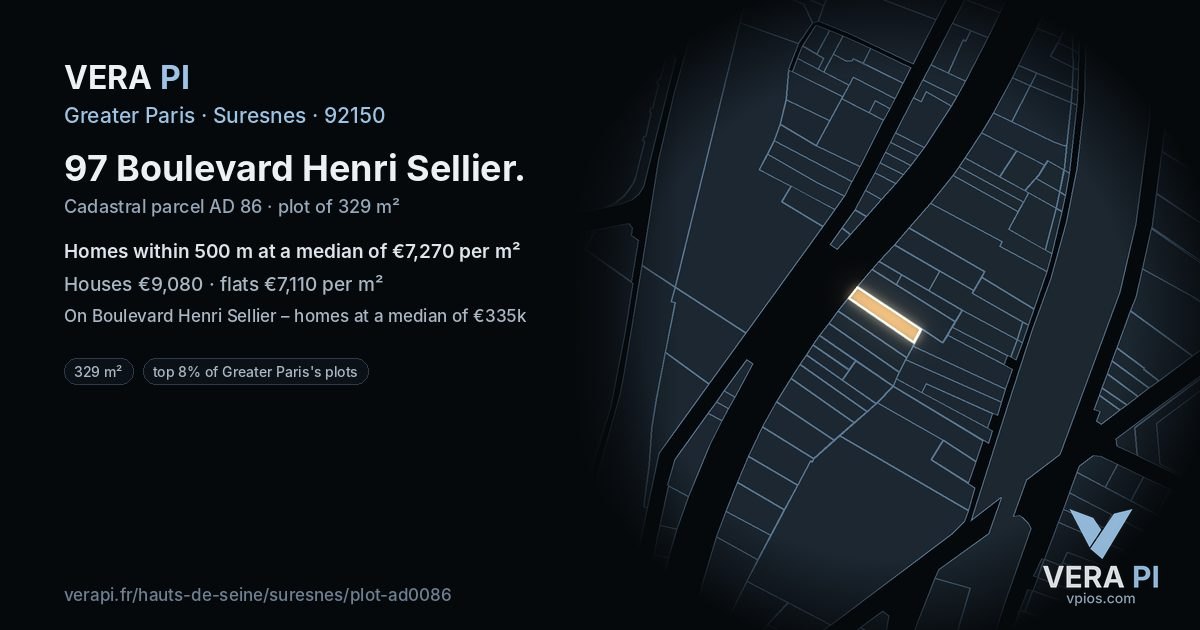 97 Boulevard Henri Sellier, Suresnes at night – the plot lit, the parcels around coloured by the prices near them