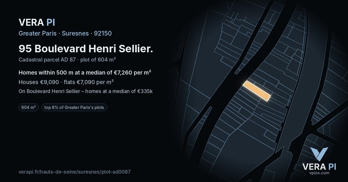 95 Boulevard Henri Sellier, Suresnes at night – the plot lit, the parcels around coloured by the prices near them