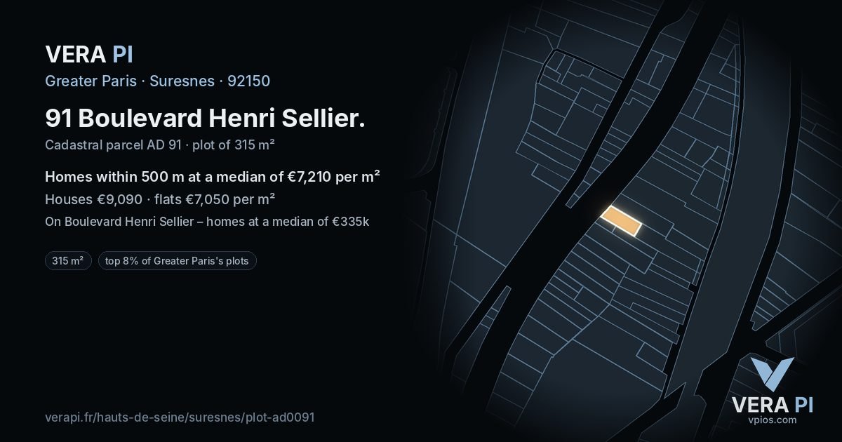 91 Boulevard Henri Sellier, Suresnes at night – the plot lit, the parcels around coloured by the prices near them