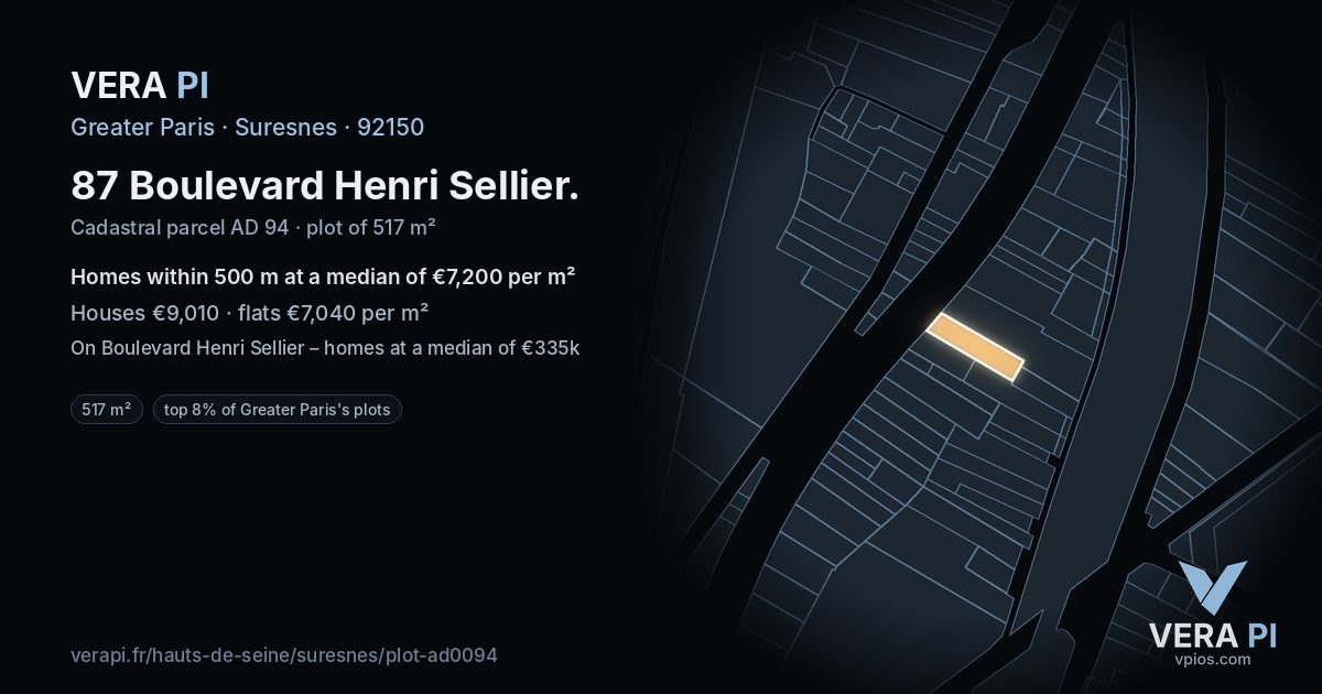 87 Boulevard Henri Sellier, Suresnes at night – the plot lit, the parcels around coloured by the prices near them