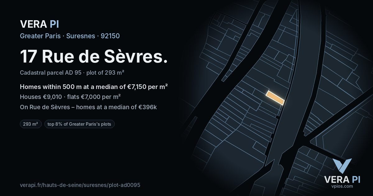 17 Rue de Sèvres, Suresnes at night – the plot lit, the parcels around coloured by the prices near them