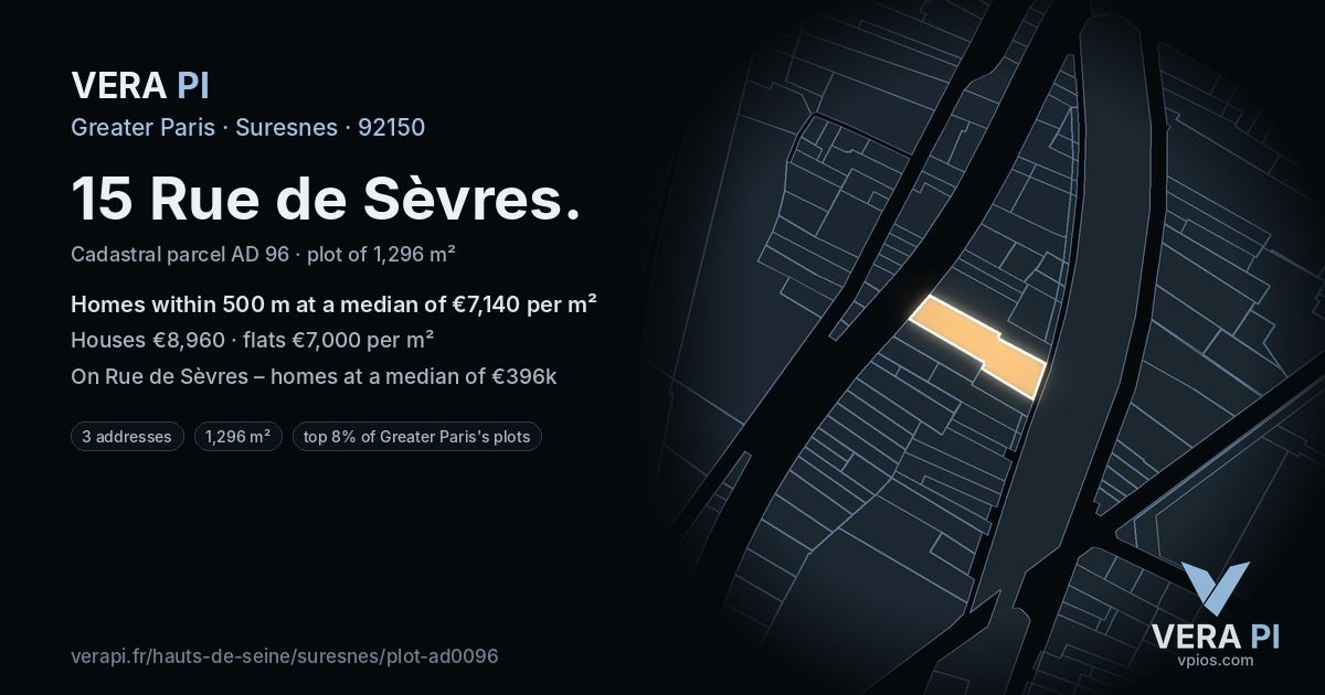 15 Rue de Sèvres, Suresnes at night – the plot lit, the parcels around coloured by the prices near them