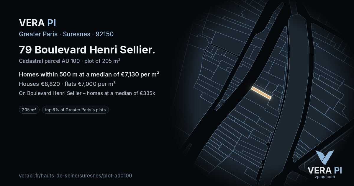 79 Boulevard Henri Sellier, Suresnes at night – the plot lit, the parcels around coloured by the prices near them