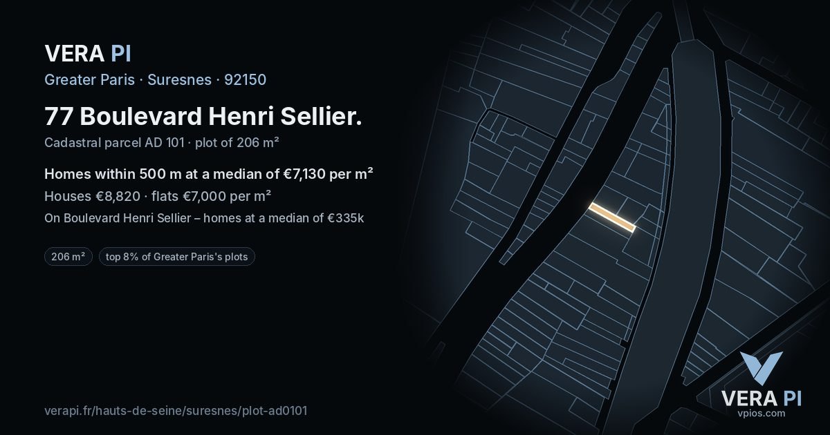 77 Boulevard Henri Sellier, Suresnes at night – the plot lit, the parcels around coloured by the prices near them