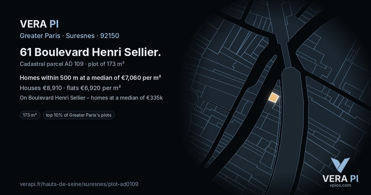61 Boulevard Henri Sellier, Suresnes at night – the plot lit, the parcels around coloured by the prices near them