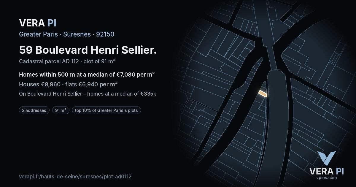 59 Boulevard Henri Sellier, Suresnes at night – the plot lit, the parcels around coloured by the prices near them