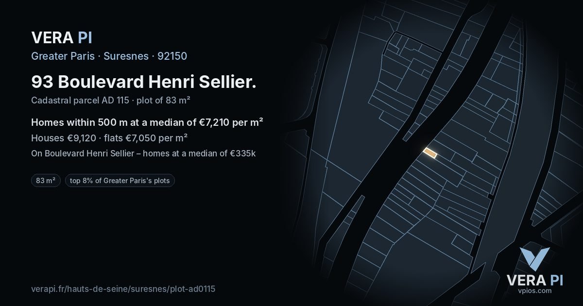 93 Boulevard Henri Sellier, Suresnes at night – the plot lit, the parcels around coloured by the prices near them