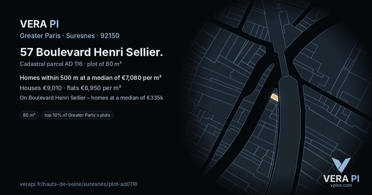 57 Boulevard Henri Sellier, Suresnes at night – the plot lit, the parcels around coloured by the prices near them