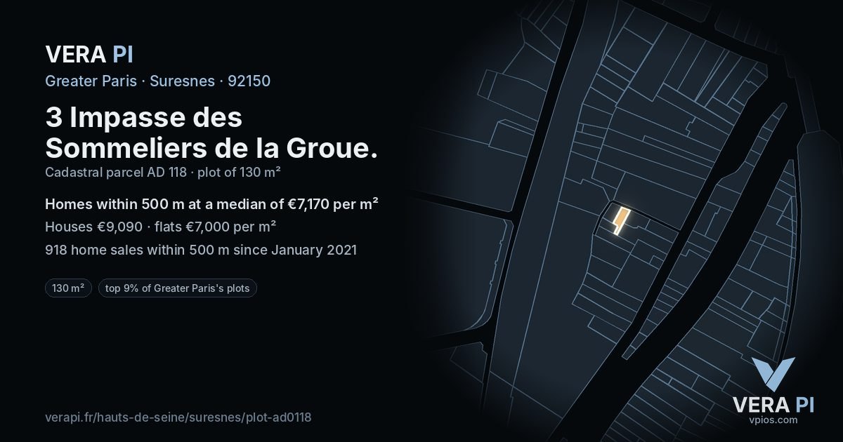 3 Impasse des Sommeliers de la Groue, Suresnes at night – the plot lit, the parcels around coloured by the prices near them
