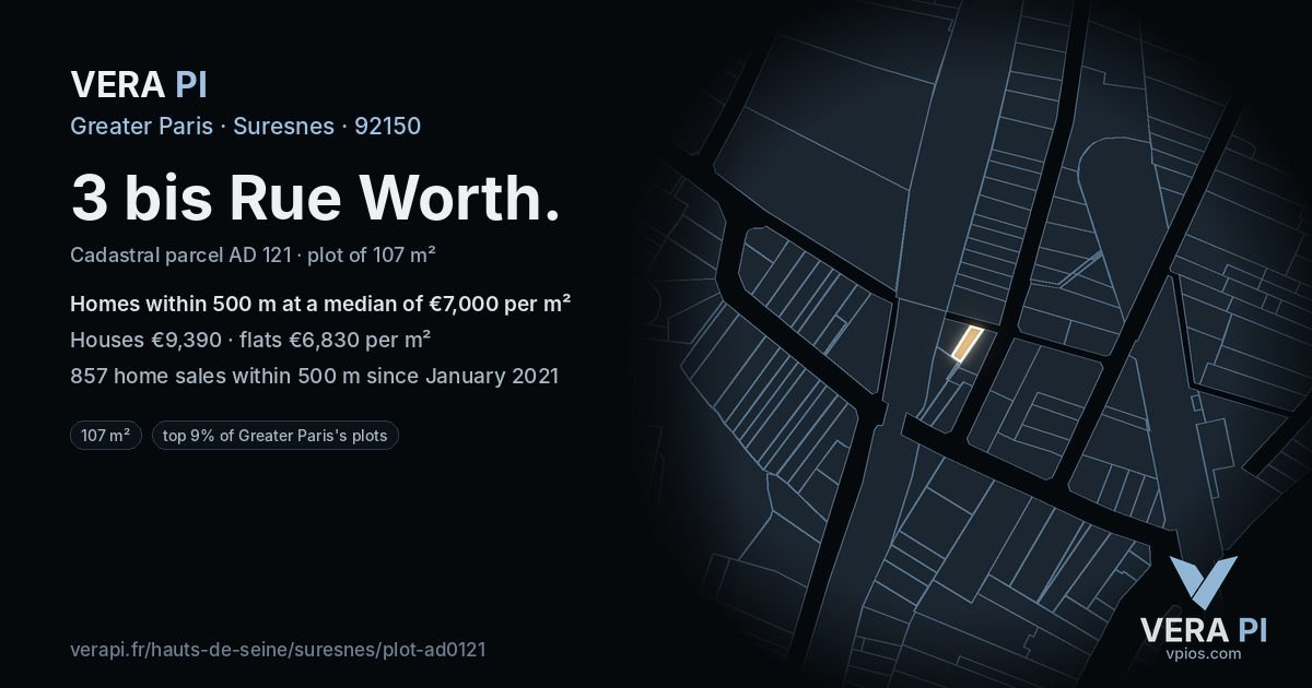 3 bis Rue Worth, Suresnes at night – the plot lit, the parcels around coloured by the prices near them