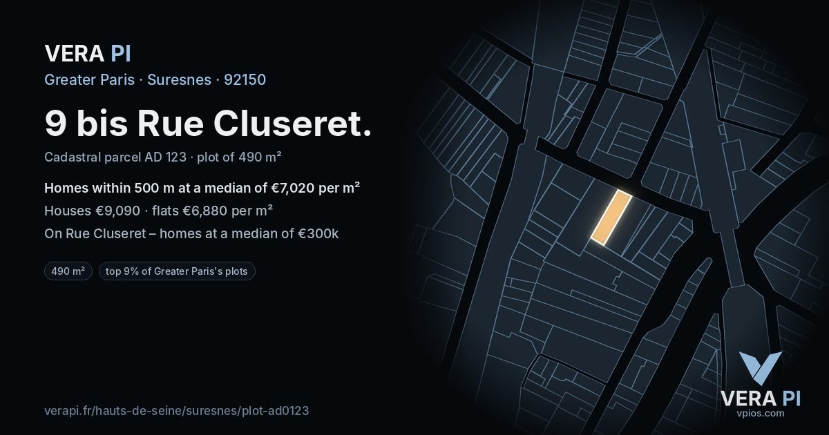 9 bis Rue Cluseret, Suresnes at night – the plot lit, the parcels around coloured by the prices near them