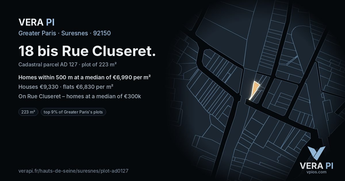 18 bis Rue Cluseret, Suresnes at night – the plot lit, the parcels around coloured by the prices near them