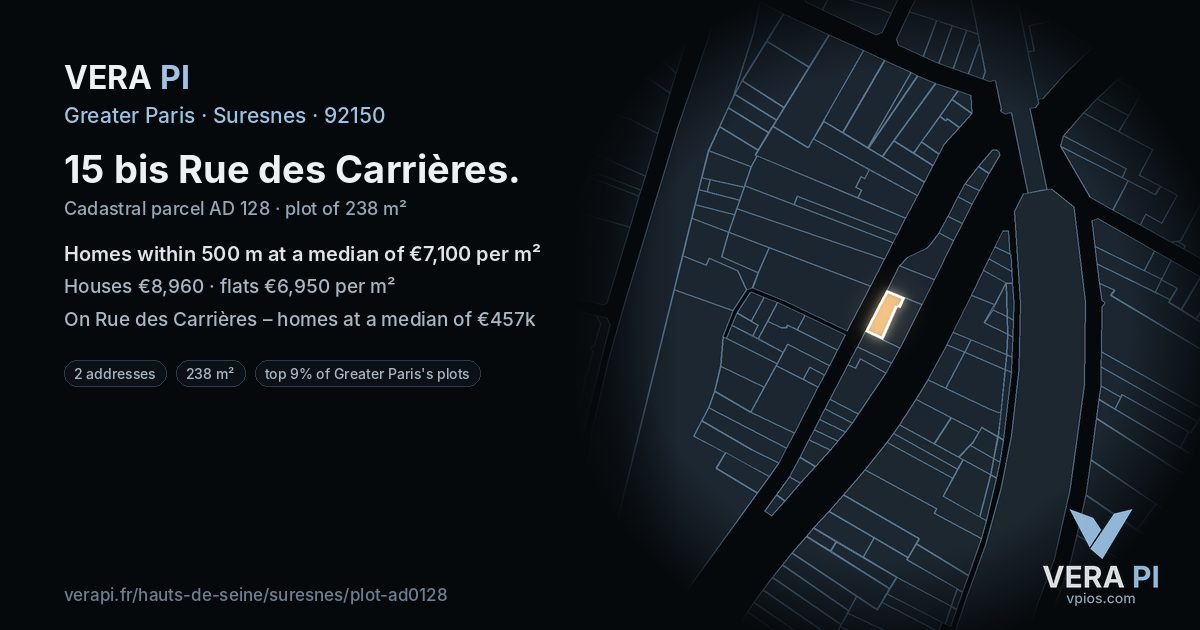 15 bis Rue des Carrières, Suresnes at night – the plot lit, the parcels around coloured by the prices near them