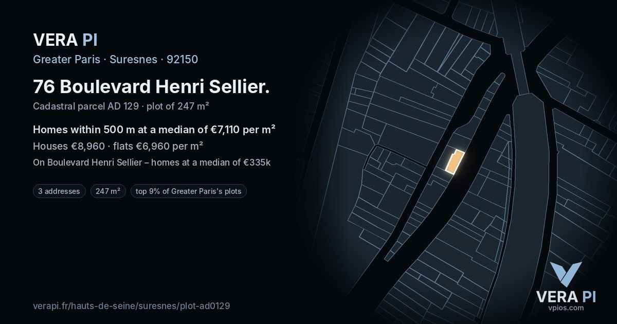 76 Boulevard Henri Sellier, Suresnes at night – the plot lit, the parcels around coloured by the prices near them