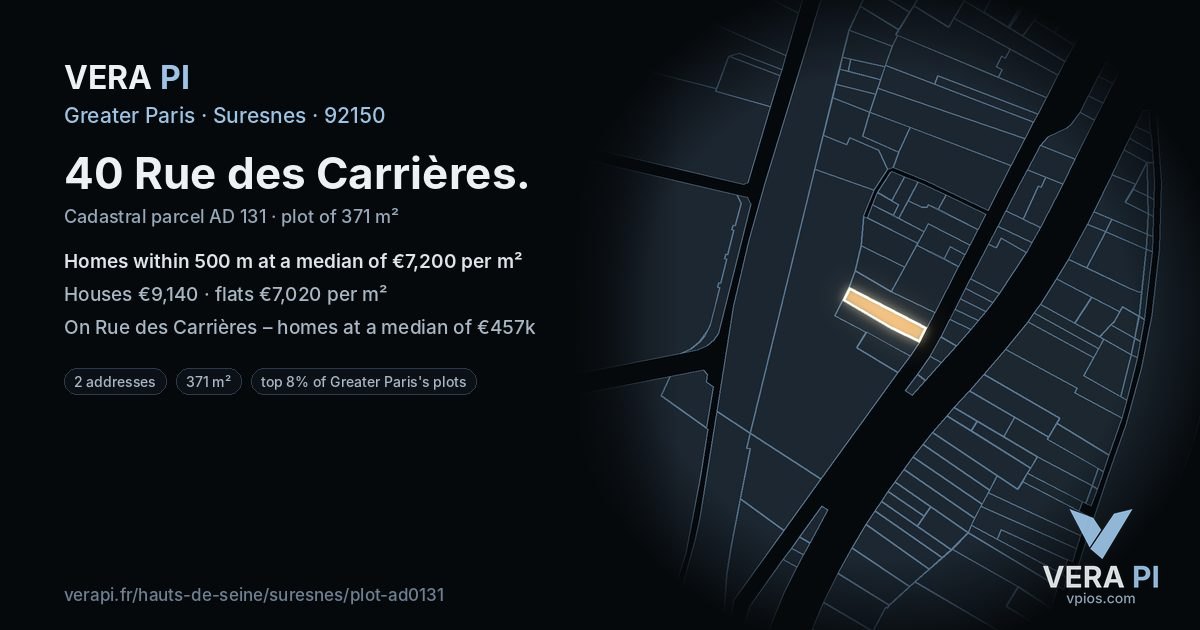 40 Rue des Carrières, Suresnes at night – the plot lit, the parcels around coloured by the prices near them